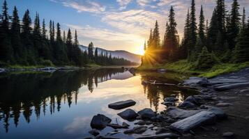 ai generato un' tranquillo, calmo sera di un' a distanza montagna lago foto