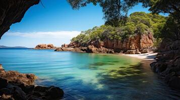 ai generato un' bellissima baia con traslucido acqua e un' bene sabbia spiaggia foto