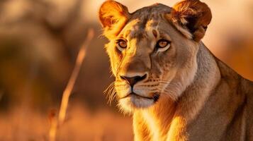 ai generato un' maestoso leonessa riposo su un' roccia nel il caldo splendore di il sole foto