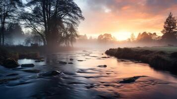 ai generato un' nebbioso fiume a Alba un' bellissimo e sereno scena foto