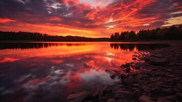ai generato tramonto riflessione su calma fiume acqua superficie foto
