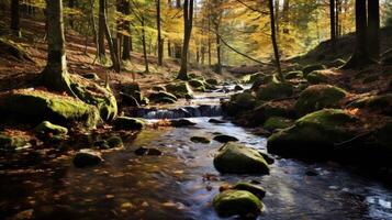 ai generato un' vicino su di un' tranquillo foresta ruscello nel autunno, con colorato le foglie galleggiante su il acqua e liner il banche foto