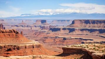 ai generato un' splendida sfondo di un' canyon con deserto Caratteristiche e montagna intervalli nel il orizzonte foto