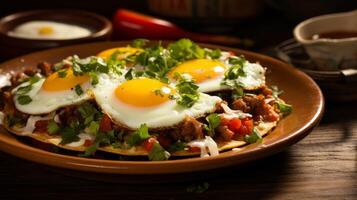 ai generato tradizionale messicano prima colazione con huevos rancheros foto