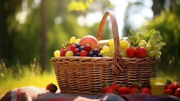 ai generato picnic scena con un' cestino di colorato estate frutta foto