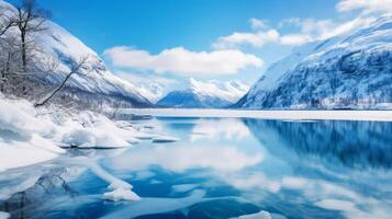 ai generato un' spettacolare e soggezione ispirando Visualizza di un' incontaminato ghiacciato fiordo con neve capped montagne e chiaro acqua foto