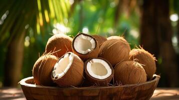 ai generato cestino traboccante con tropicale noci di cocco foto