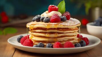 ai generato mandorla Farina Pancakes nel un' glutine gratuito prima colazione foto