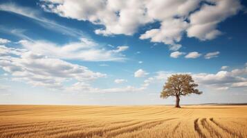 ai generato un' Grano campo con un' singolo albero e un' chiaro cielo nel il sfondo foto
