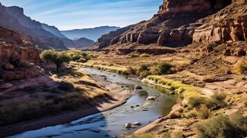 ai generato un' serpeggiante fiume nel un' canyon paesaggio foto