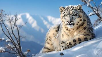 ai generato montagnoso terreno con raro neve leopardo e cielo foto