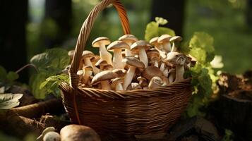 ai generato cestino traboccante con fresco, terroso funghi foto