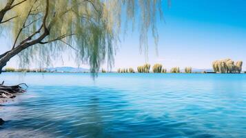 ai generato travolgente lago paesaggio con blu cielo e verde alberi foto