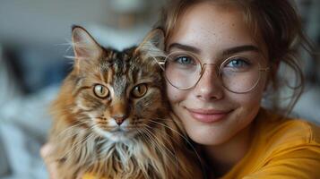 ai generato bellissimo giovane donna con carino gatto su leggero sfondo foto