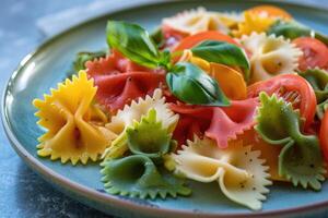 ai generato pasta colorato farfalle insalata con pomodori, Mozzarella e basilico. foto