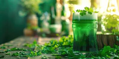 ai generato festeggiare santo patricks giorno nel Irlanda con un' bicchiere di verde birra. st patricks giorno sfondo. foto