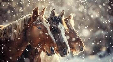 ai generato Marrone cavalli nel un' in profondità nevoso paddock nel il campagna nel inverno. foto