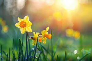 ai generato giallo giunchiglie fiore nel presto primavera. foto