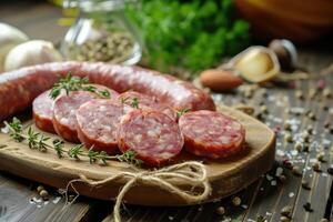 ai generato salsiccia con spezie su un' vecchio di legno tavolo. foto