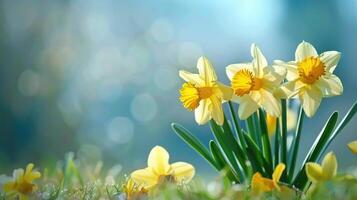 ai generato giallo giunchiglie fiore nel presto primavera. foto