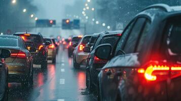 ai generato moderno macchine siamo incollato nel un' traffico marmellata su un' autostrada nel inverno. foto