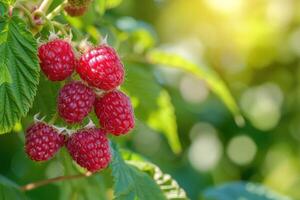 ai generato ramo di maturo lamponi nel un' giardino foto