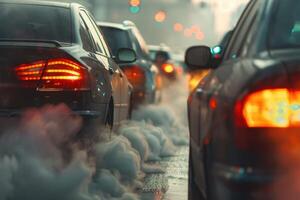 ai generato mezzi di trasporto viaggio traffico marmellate su strade con aria inquinamento, Fumo a partire dal auto scarico tubi. foto