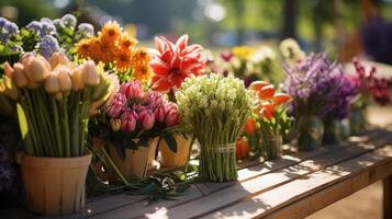 ai generato agricoltori mercato stalla con fresco tagliare fiori foto