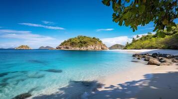 ai generato tropicale spiaggia con turchese acqua e bianca sabbia foto