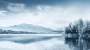 ai generato lago paesaggio con blu toni foto