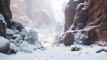 ai generato panoramico e drammatico Visualizza di canyon e tempesta di neve foto