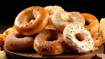 ai generato soddisfare il tuo voglie con un' varietà di bagel e crema formaggio foto