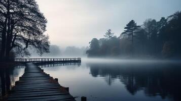 ai generato un' nebbioso mattina su un' tranquillo lago un' rilassante e tranquillo, calmo scena foto