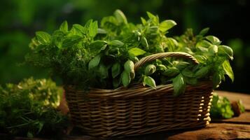 ai generato intrecciata cestino traboccante con aromatico erbe aromatiche foto