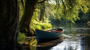 ai generato un' pittoresco fiume con un' Vintage ▾ barca a remi un' romantico e rustico scena foto