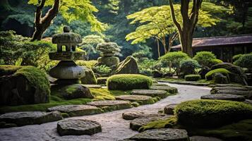 ai generato un' tranquillo, calmo roccia giardino con rastrellato sabbia, rocce, e un' bambù recinto foto