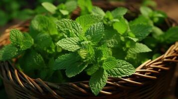 ai generato aromatico menta le foglie ordinatamente disposte nel cestino foto