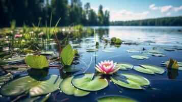 ai generato bellissimo lago scena con acqua gigli e cielo a partire dal Basso angolo foto