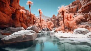 ai generato palma alberi e chiaro piscina nel canyon oasi foto