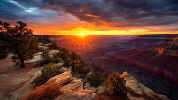 ai generato Alba al di sopra di drammatico canyon paesaggio foto