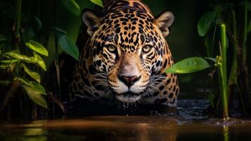 ai generato Impressionante giaguaro e denso foresta pluviale nel natura paesaggio foto
