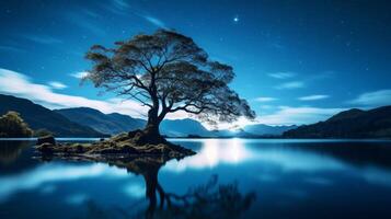 ai generato stellato notte e lago un' magico paesaggio con un' albero foto