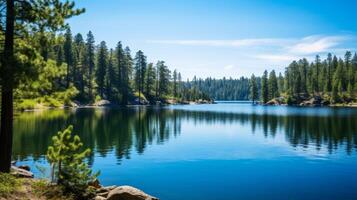 ai generato sereno lago e denso pino foresta nel natura foto