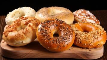 ai generato delizioso diffusione assortimento di bagel accoppiato con crema formaggio foto