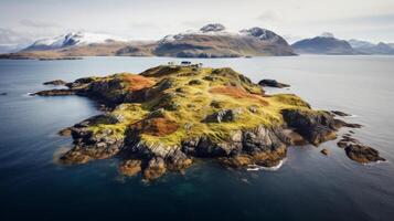 ai generato un' panoramico Visualizza di un' roccioso isola circondato di turchese acqua foto