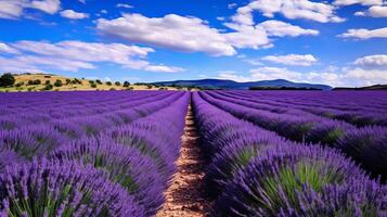 ai generato panoramico prato ornato con lavanda fiori foto