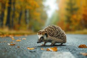 ai generato riccio in piedi su il strada vicino foresta a presto mattina o sera volta. strada pericoli, natura e trasporto. - foto