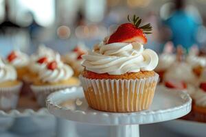 ai generato gustoso Cupcake con cremoso guarnizione e fetta di fragola su il superiore, dolce buffet. foto