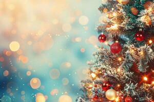ai generato decorato Natale albero su sfocato sfondo, sfocato luci sfondo foto