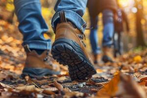 ai generato turisti camminare lungo il sentiero di il autunno foresta, piedi avvicinamento foto